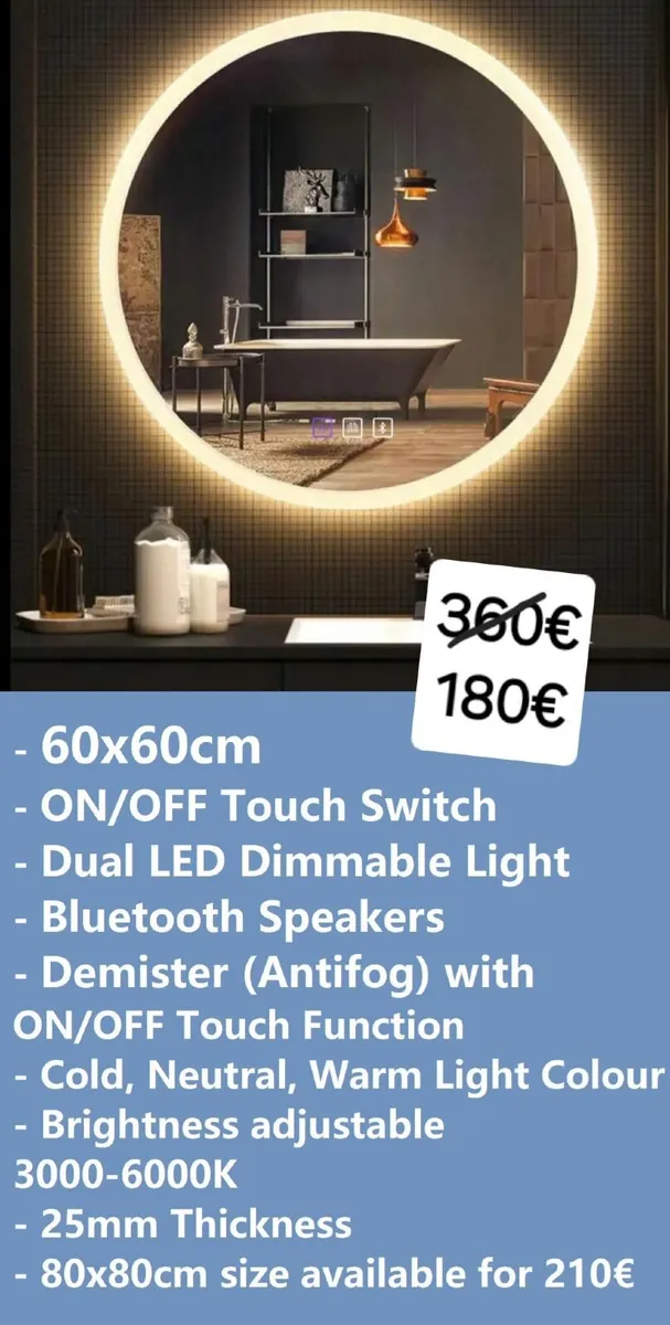 LED Bathroom Mirror Bluetooth Antifog Dual LED - Image 1