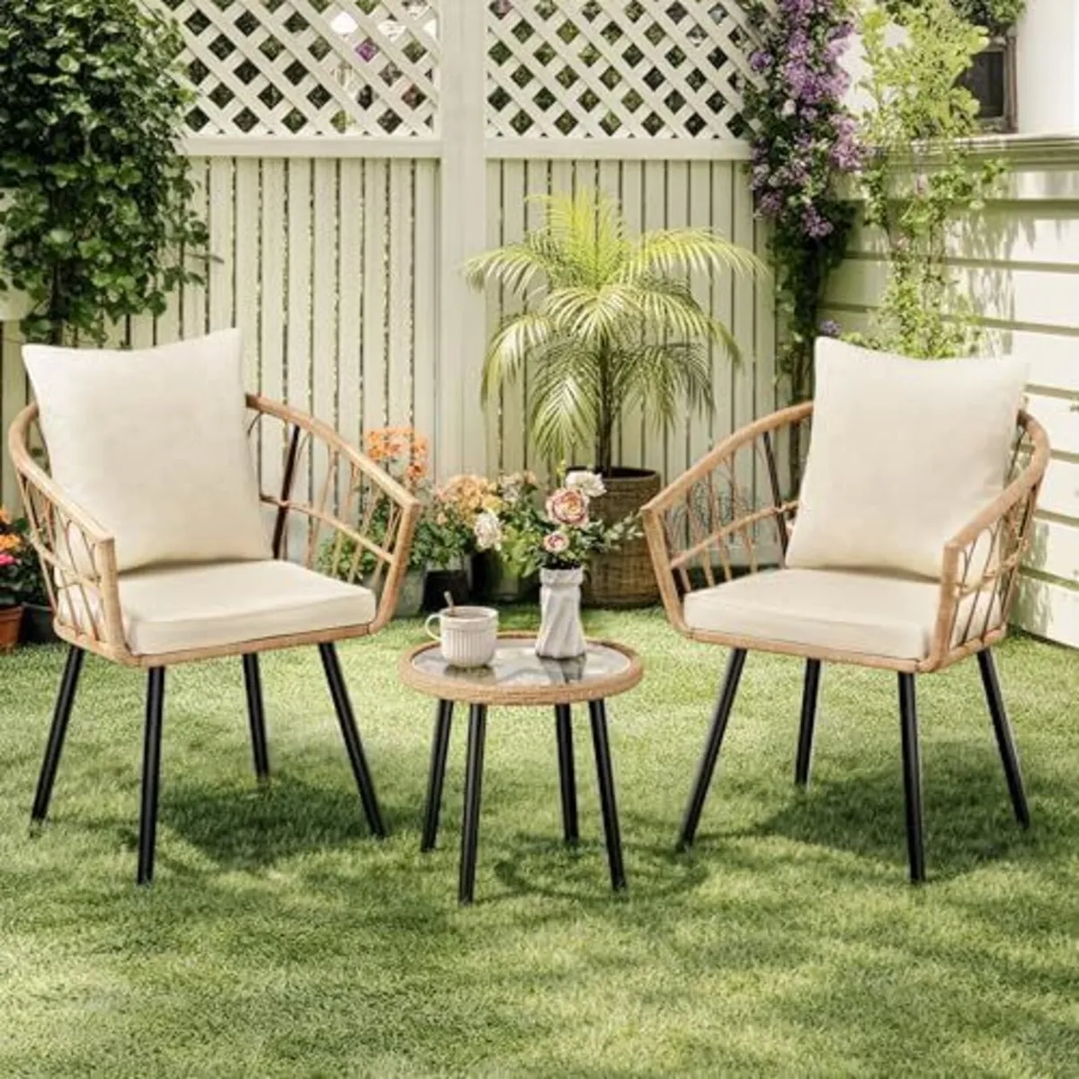3 Piece Rattan Bistro Set Removable Cushions - Image 1