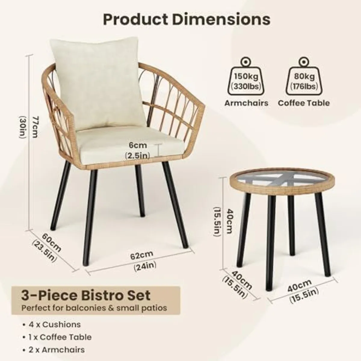 3 Piece Rattan Bistro Set Removable Cushions - Image 2