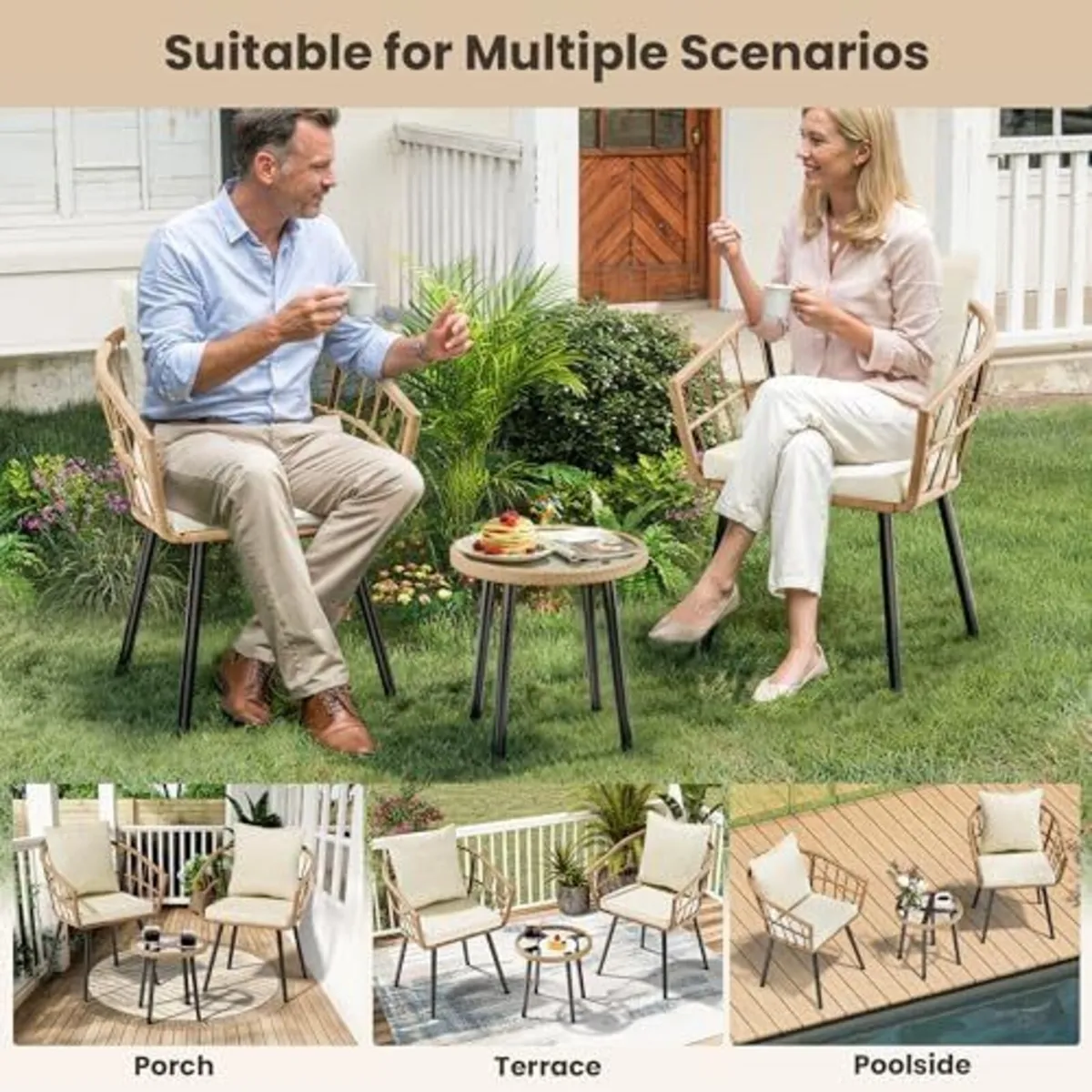 3 Piece Rattan Bistro Set Removable Cushions - Image 3