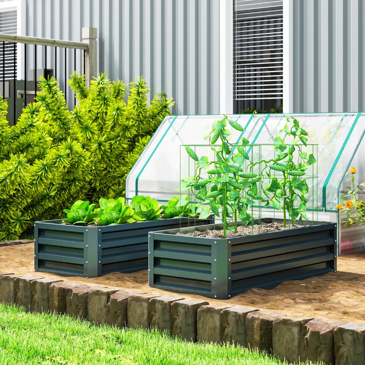 Set of 2 Steel Raised Planter Boxes Green - Image 1