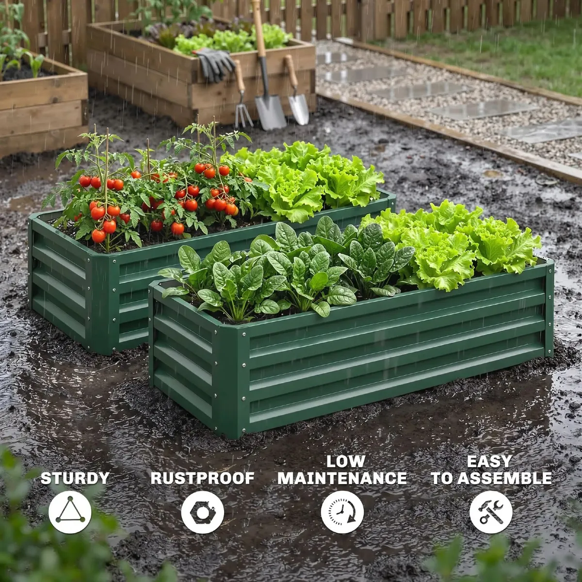Set of 2 Steel Raised Planter Boxes Green - Image 3