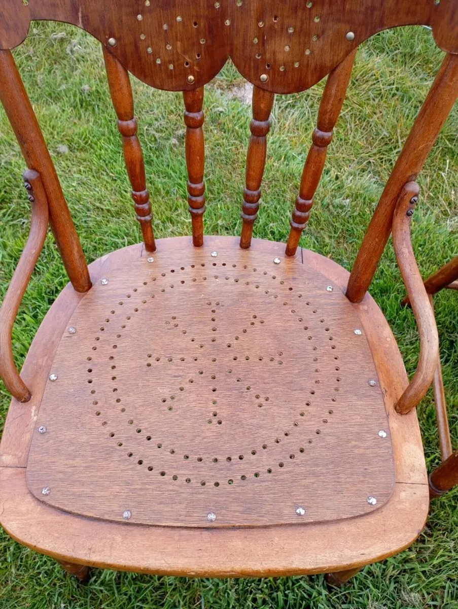 Pair of Antique American Oak Pressback Armchairs - Image 3