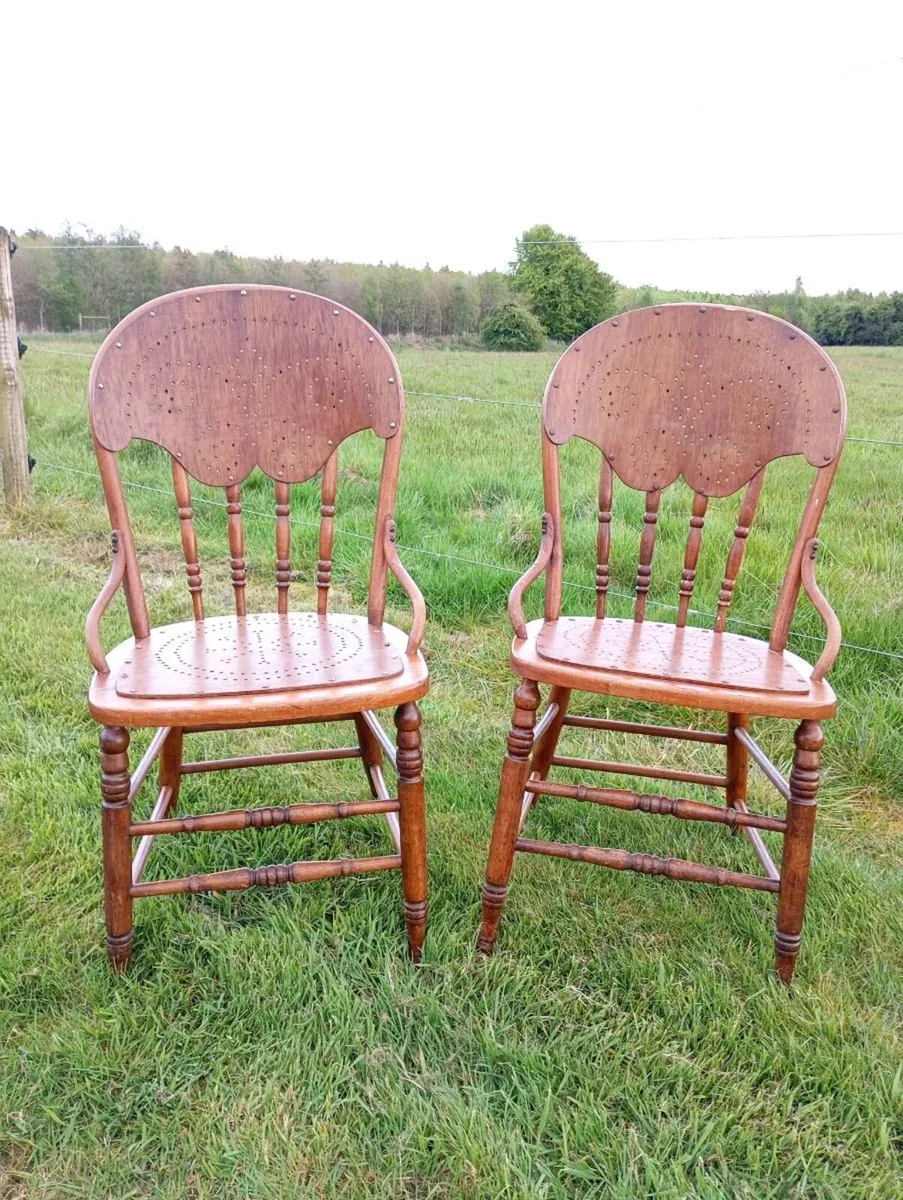 Pair of Antique American Oak Pressback Armchairs - Image 1