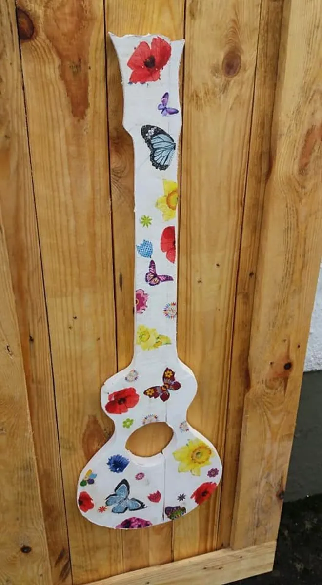 Rustic Hippy Guitar Wood Art Display - Image 3