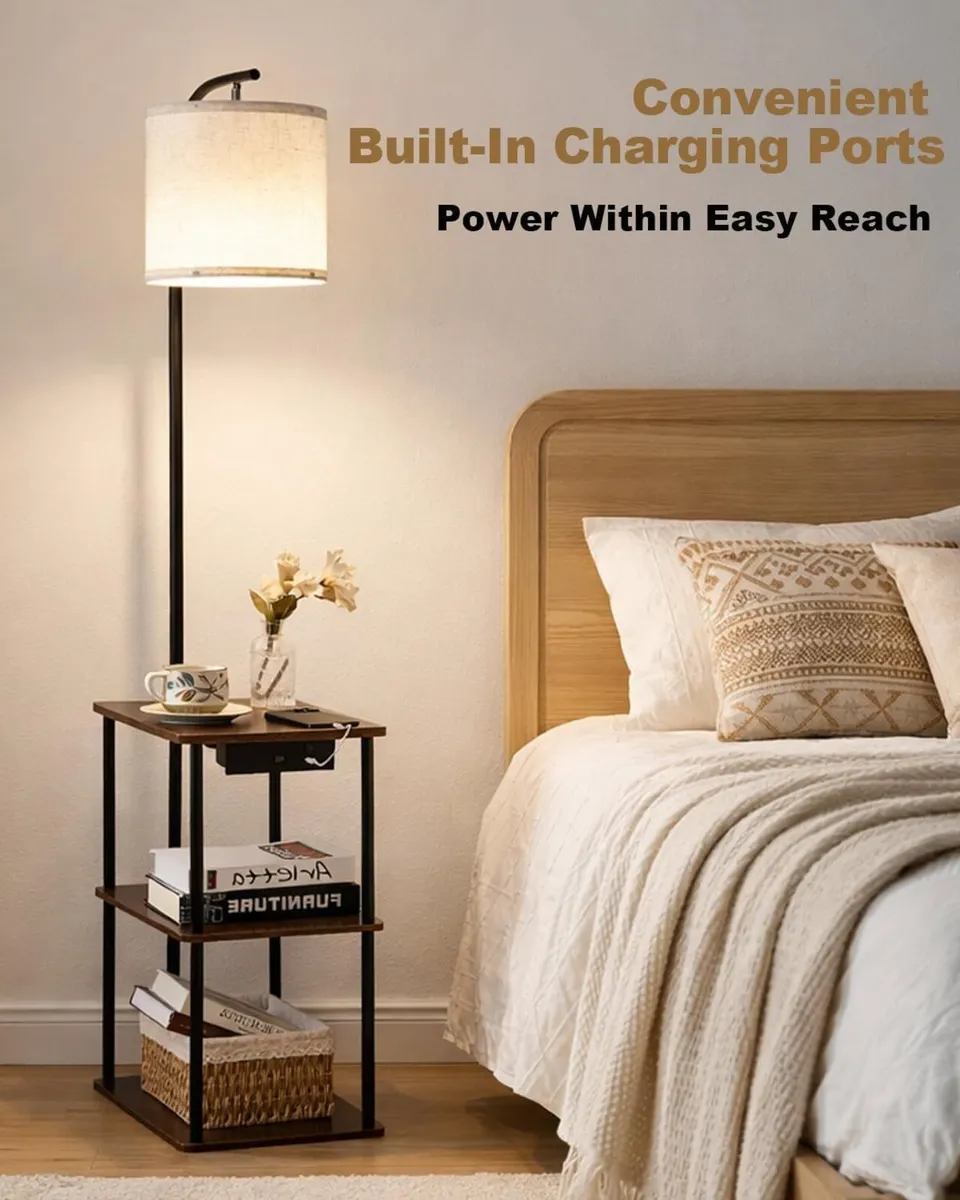 Floor Lamp with Shelves LED Standing USB-A Type-C - Image 2