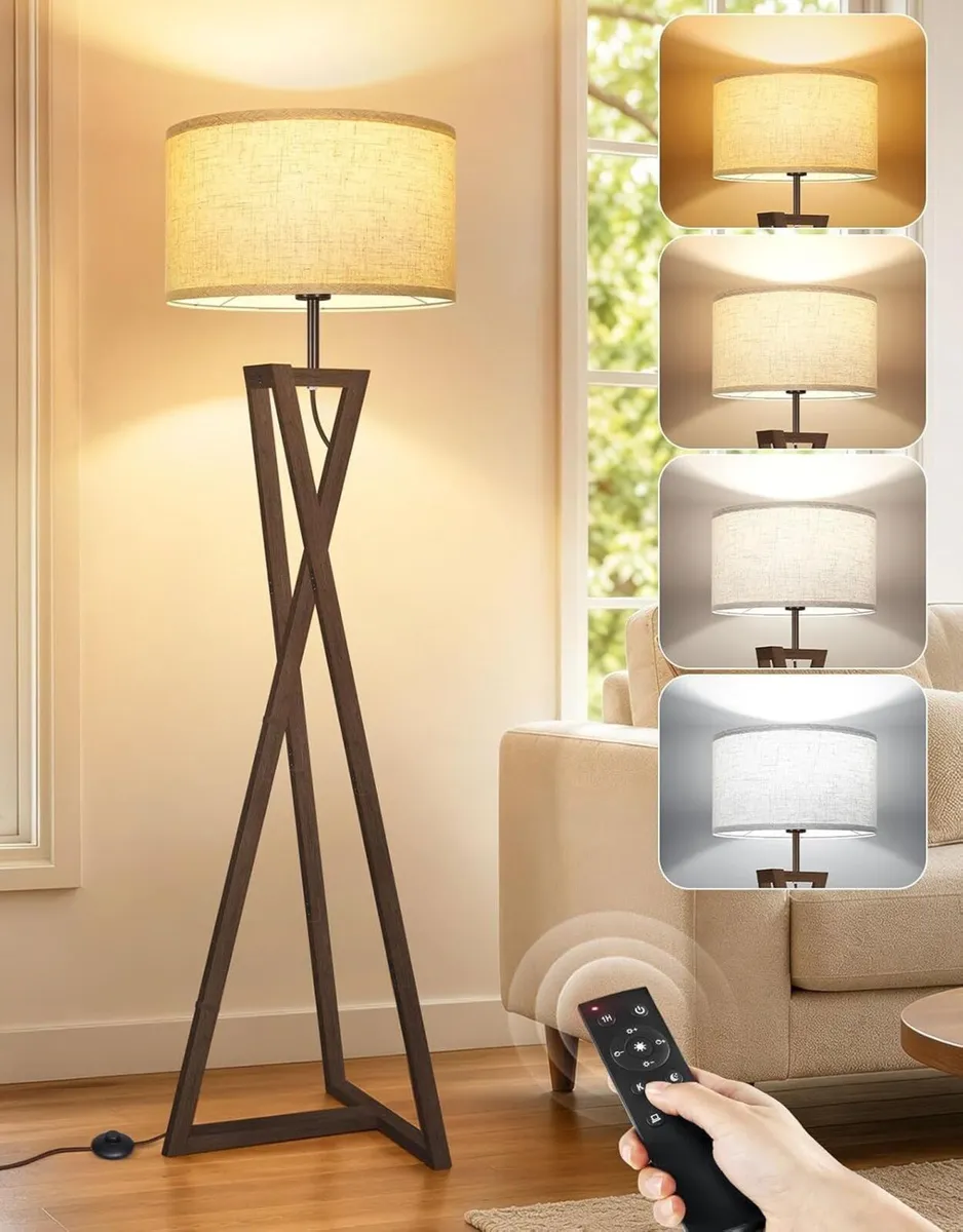 Floor Lamp with Wooden Base and Linen Drum - Image 1