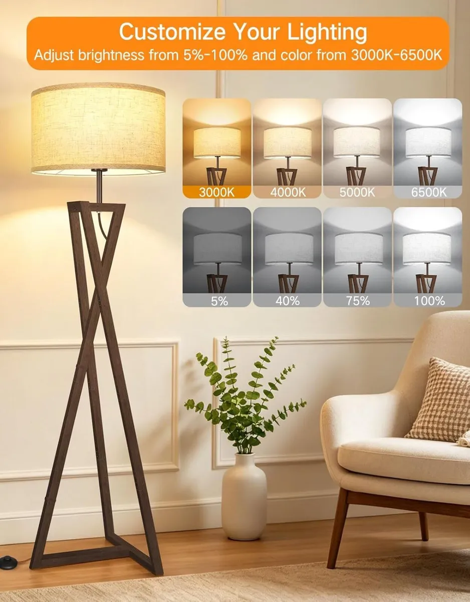 Floor Lamp with Wooden Base and Linen Drum - Image 2