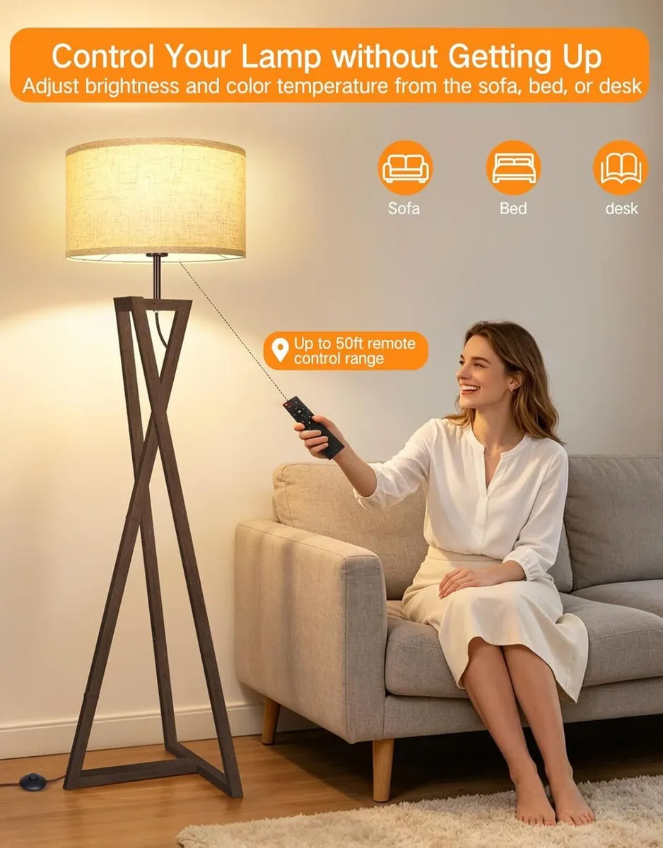 Floor Lamp with Wooden Base and Linen Drum - Image 3