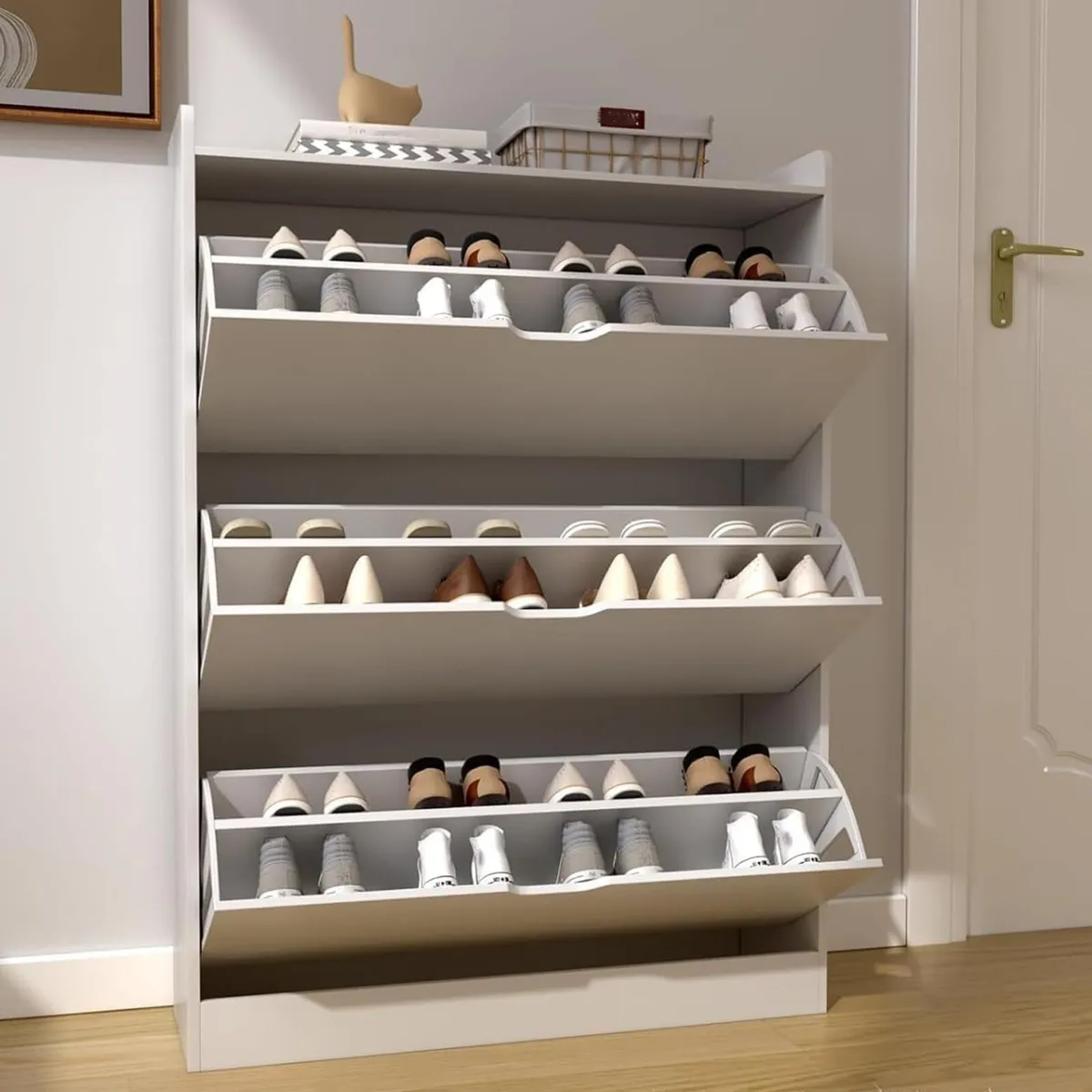 Shoe Storage Cabinet 3 Flip Drawers Slim Hallway - Image 1