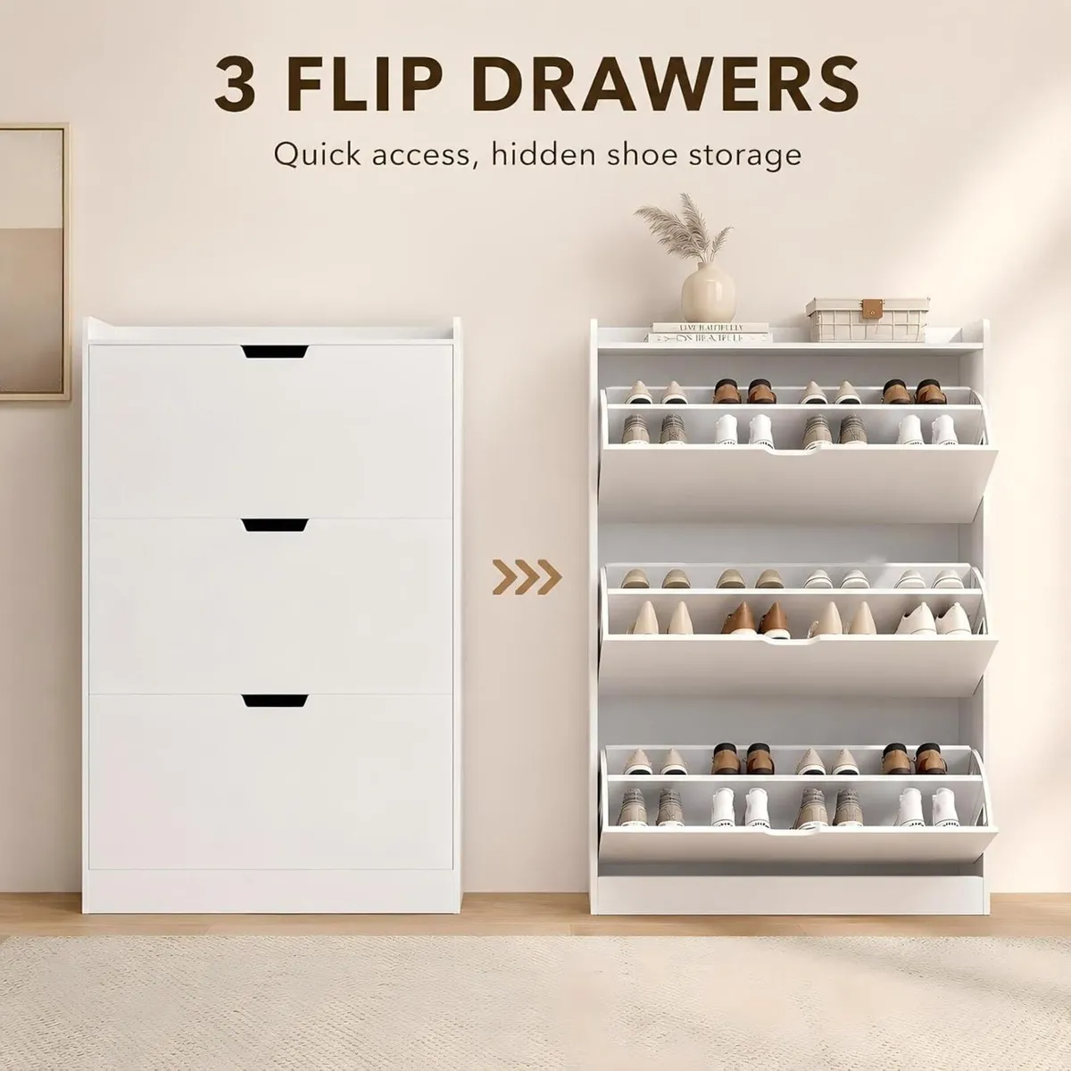 Shoe Storage Cabinet 3 Flip Drawers Slim Hallway - Image 3