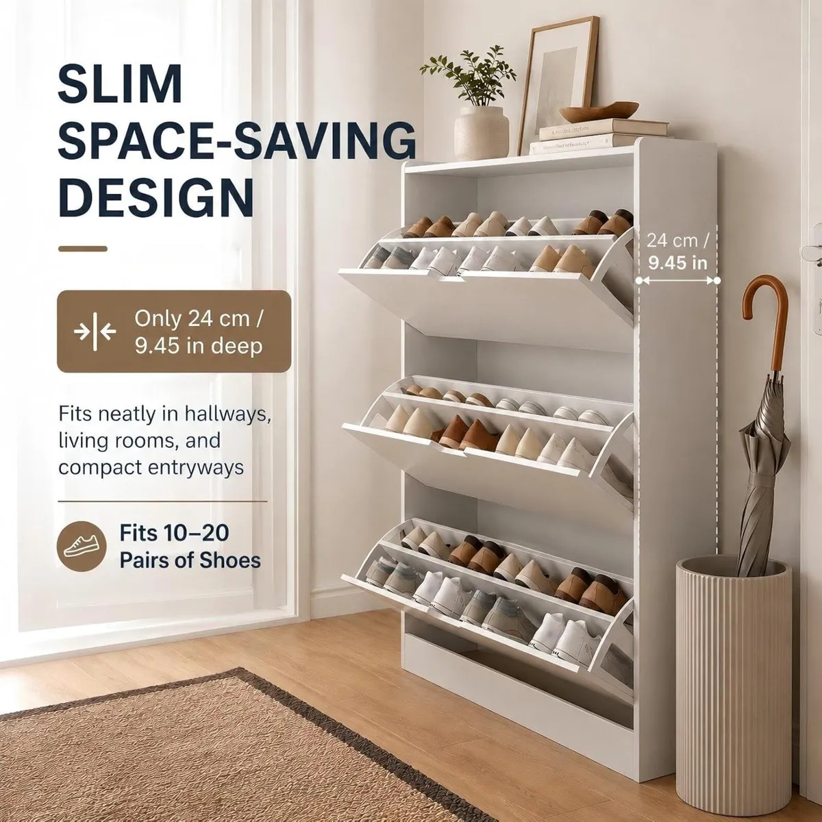 Shoe Storage Cabinet 3 Flip Drawers Slim Hallway - Image 4