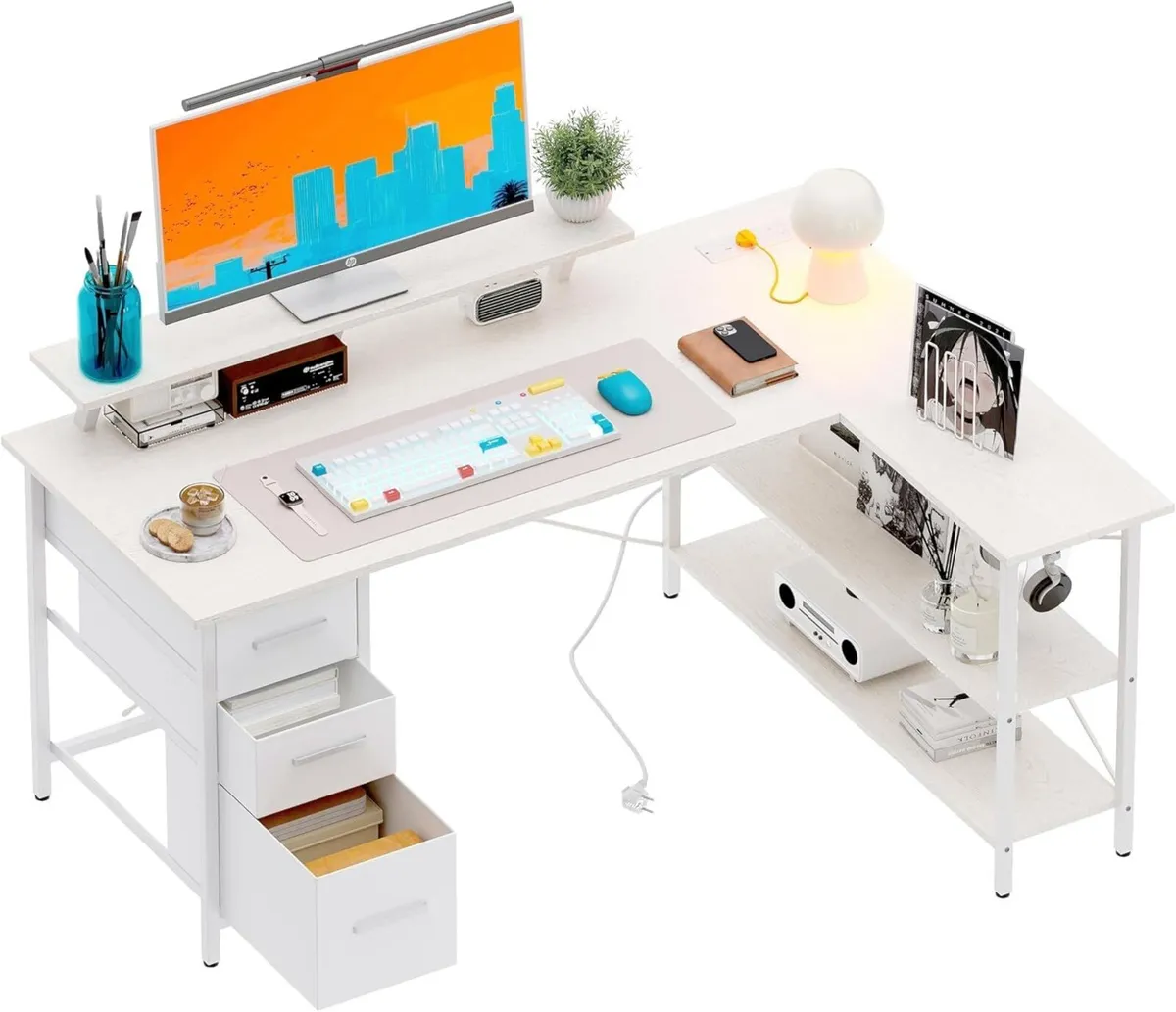 Corner Computer Desk with Drawers Reversible L - Image 1