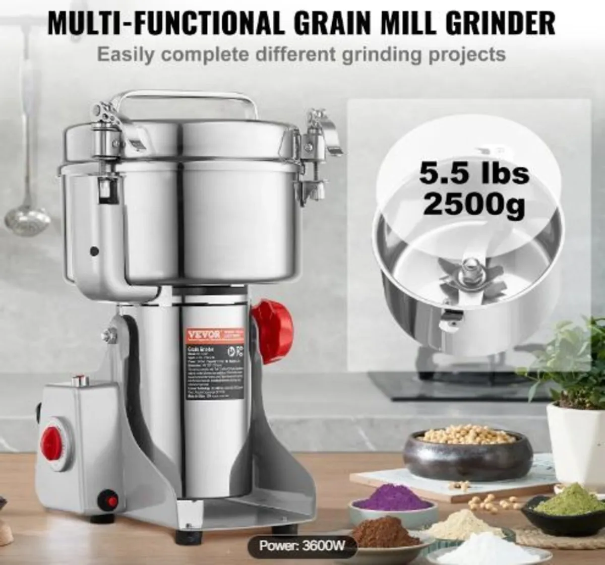 2500g Electric Grain Mill Grinder, High Speed - Image 2