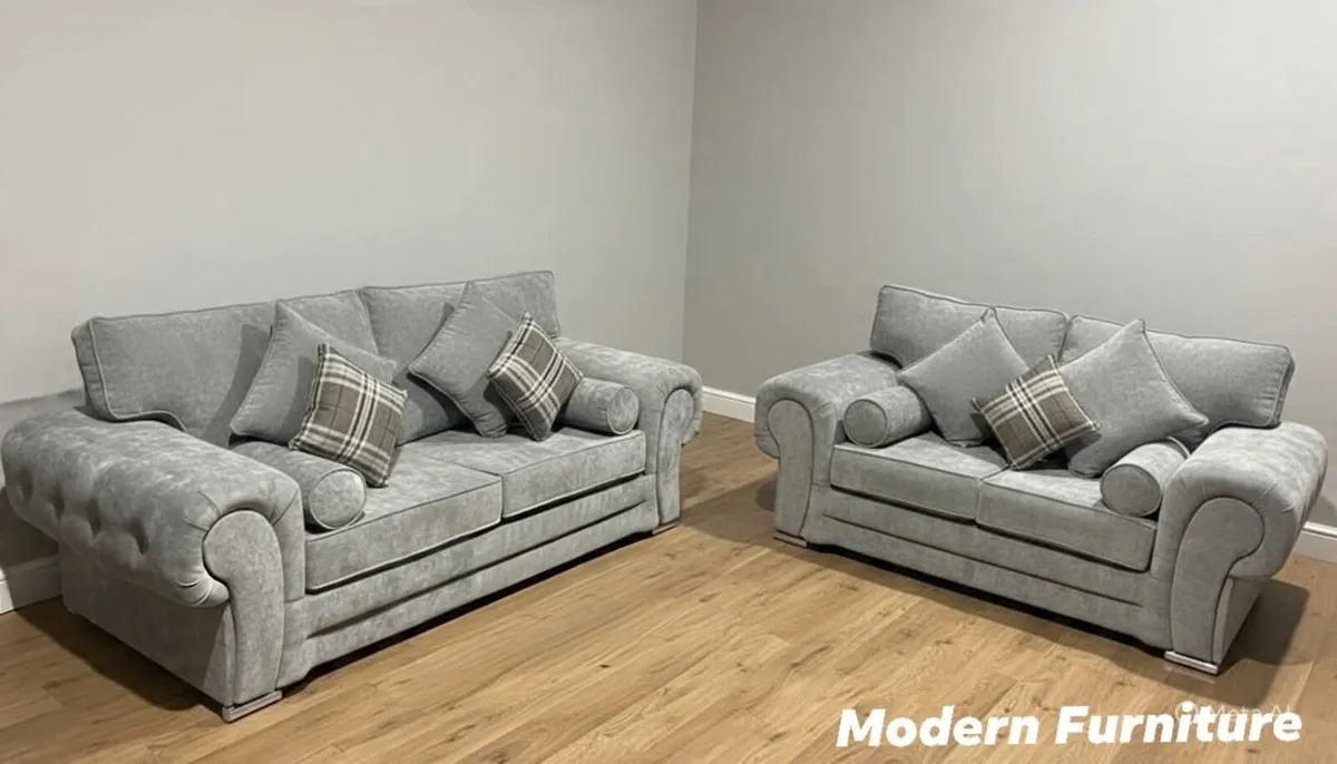 Verona 3+2 Grey Fabric Fullback Cushions Sofa - Image 1