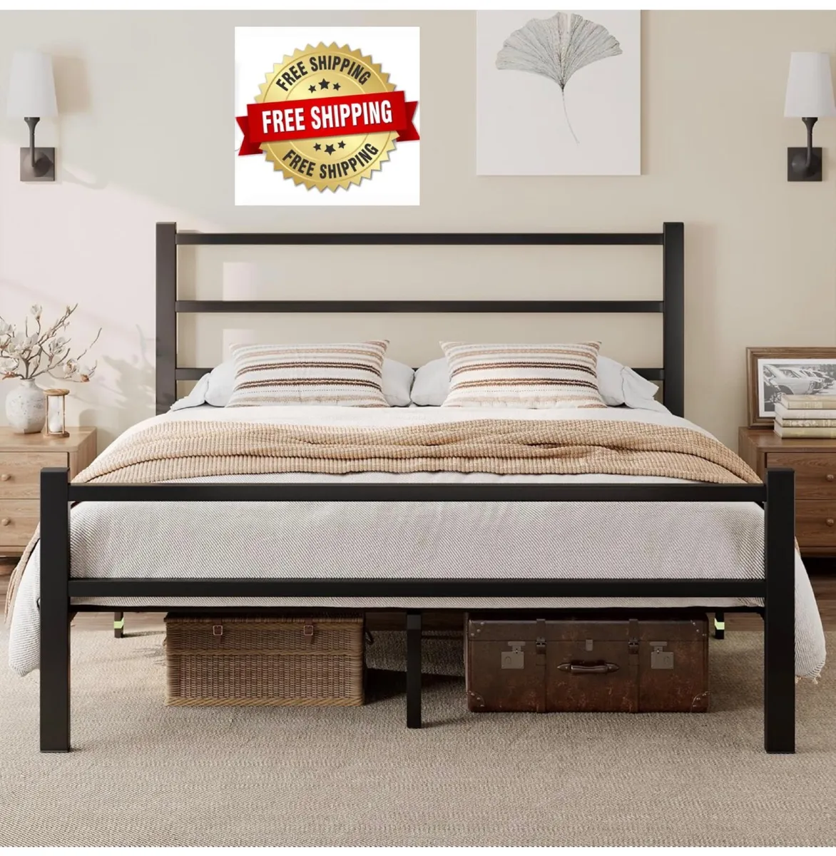 Metal Double Bed Frame With Stylish Headboard And - Image 1