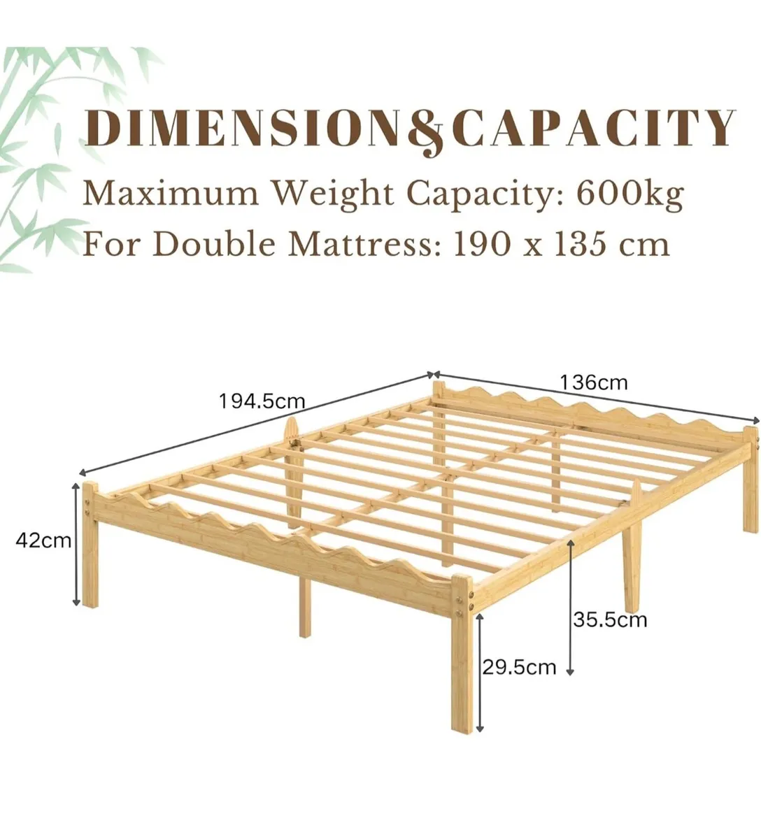 Wooden Double Bed Frame - Modern Style Bamboo Wood - Image 3