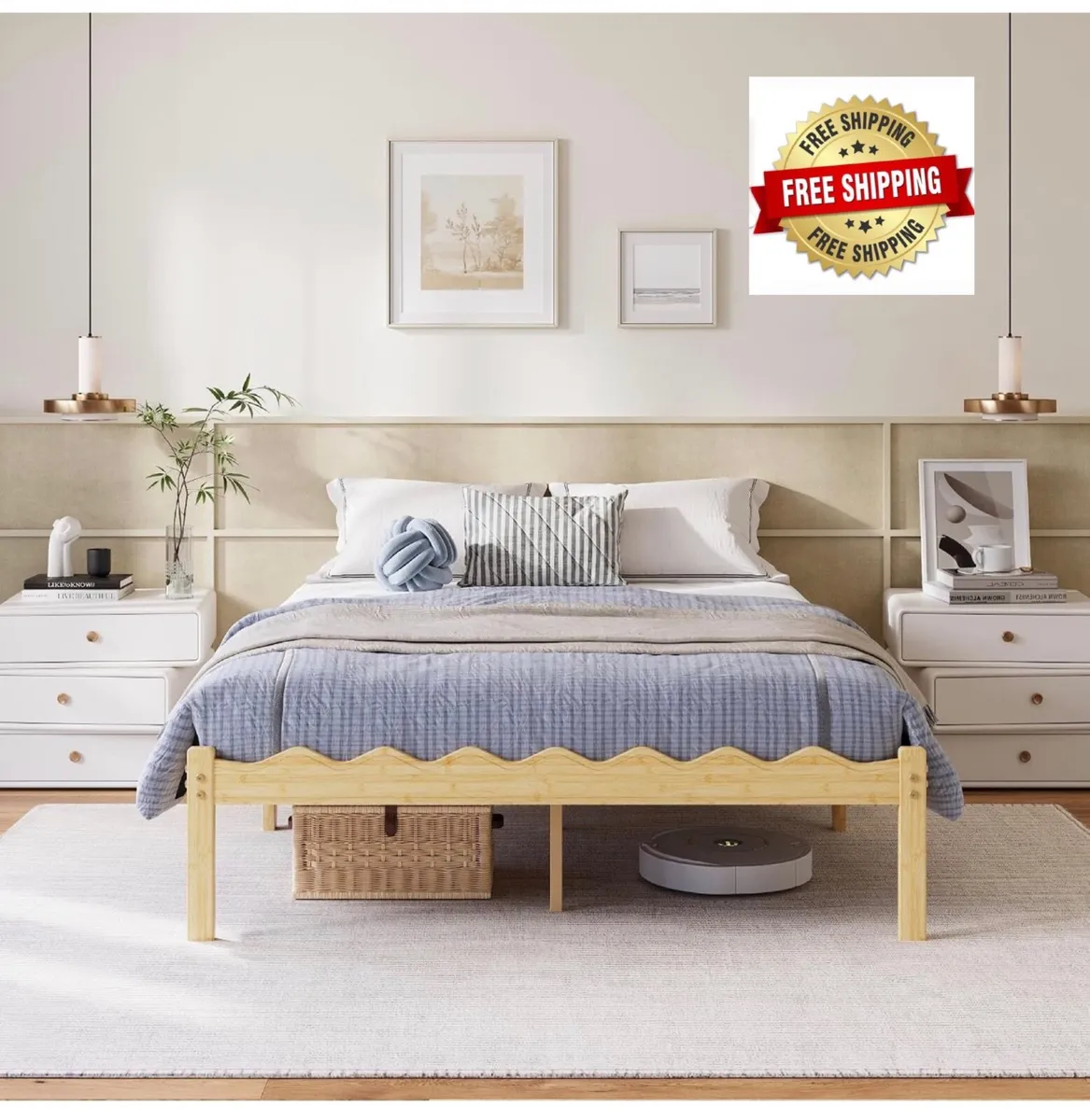 Wooden Double Bed Frame - Modern Style Bamboo Wood - Image 1