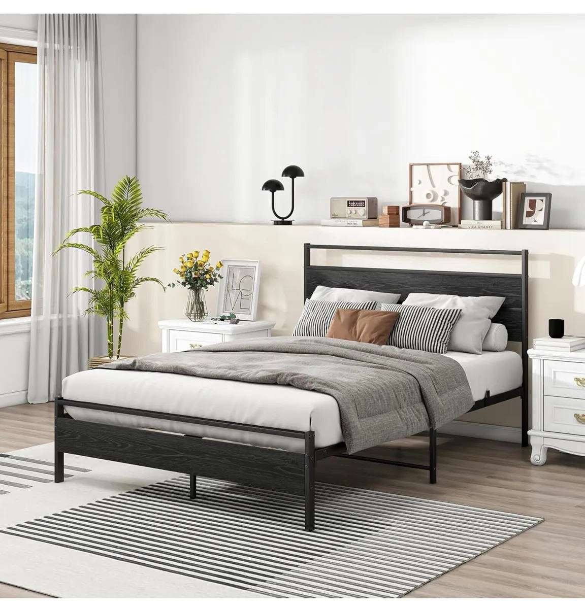 Double Bed Frame with Wood Headboard,Metal Platfor - Image 4