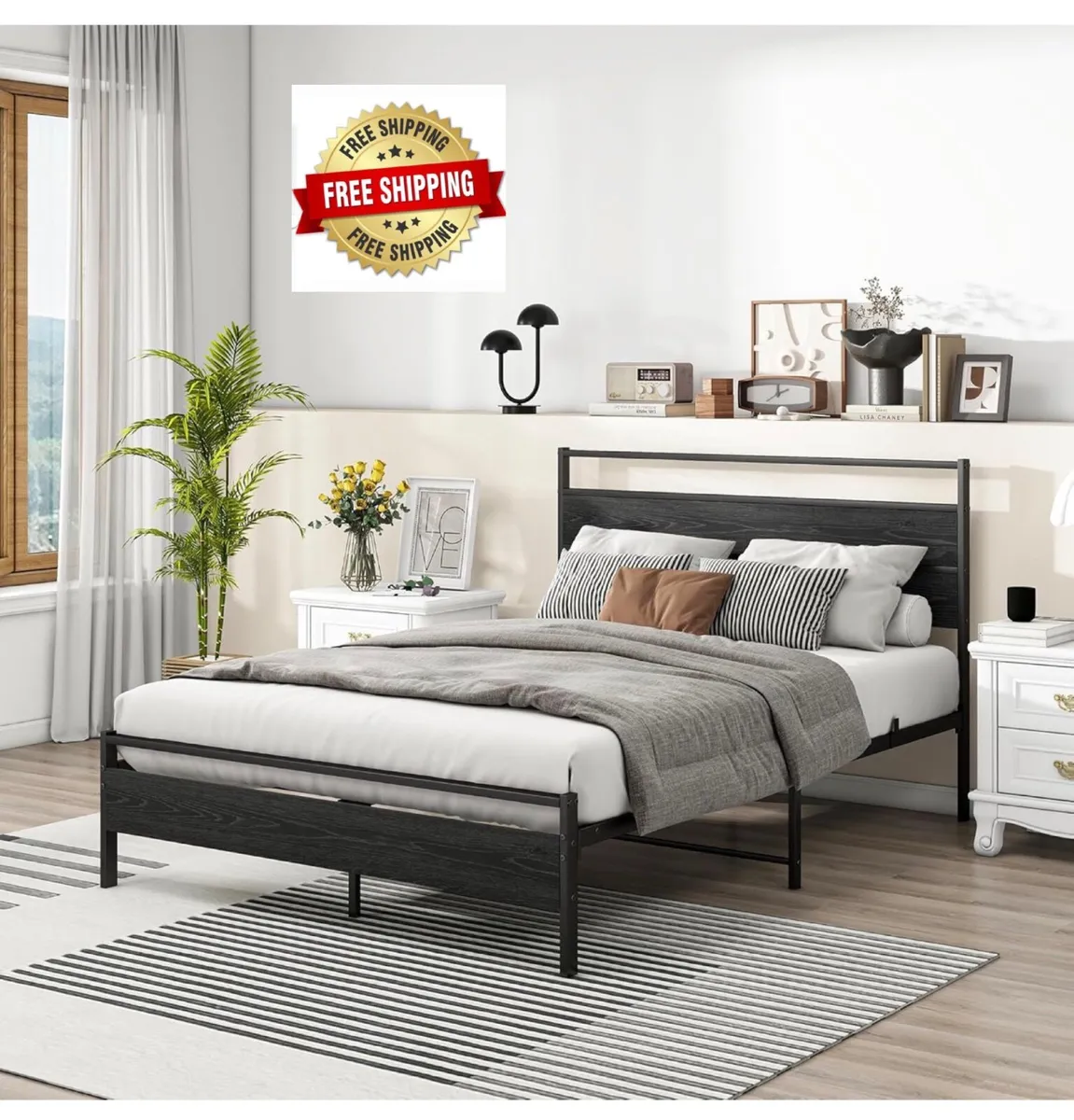 Double Bed Frame with Wood Headboard,Metal Platfor - Image 1