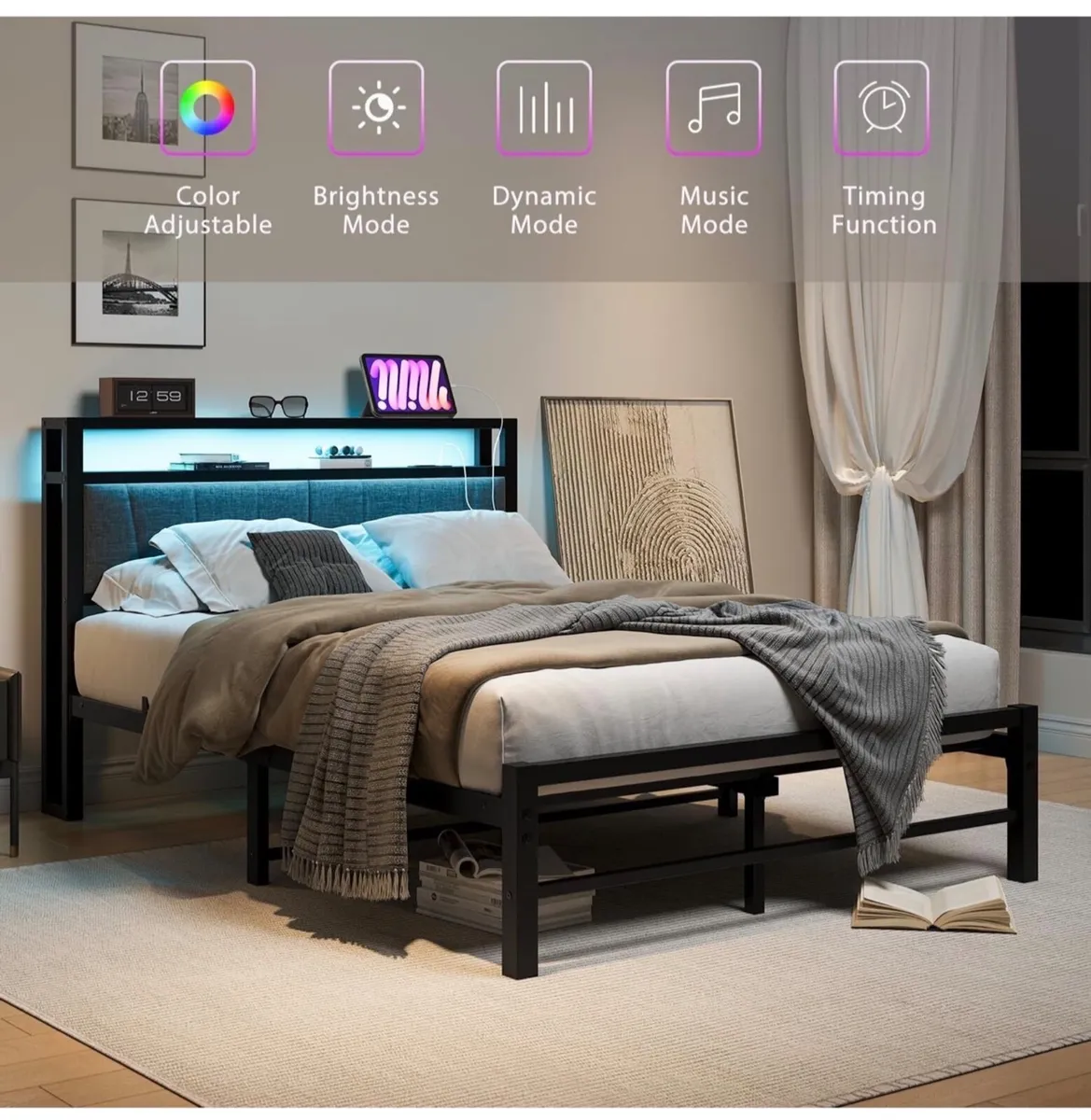 Double Bed Frame with Storage and LED Lights,4ft6 - Image 4