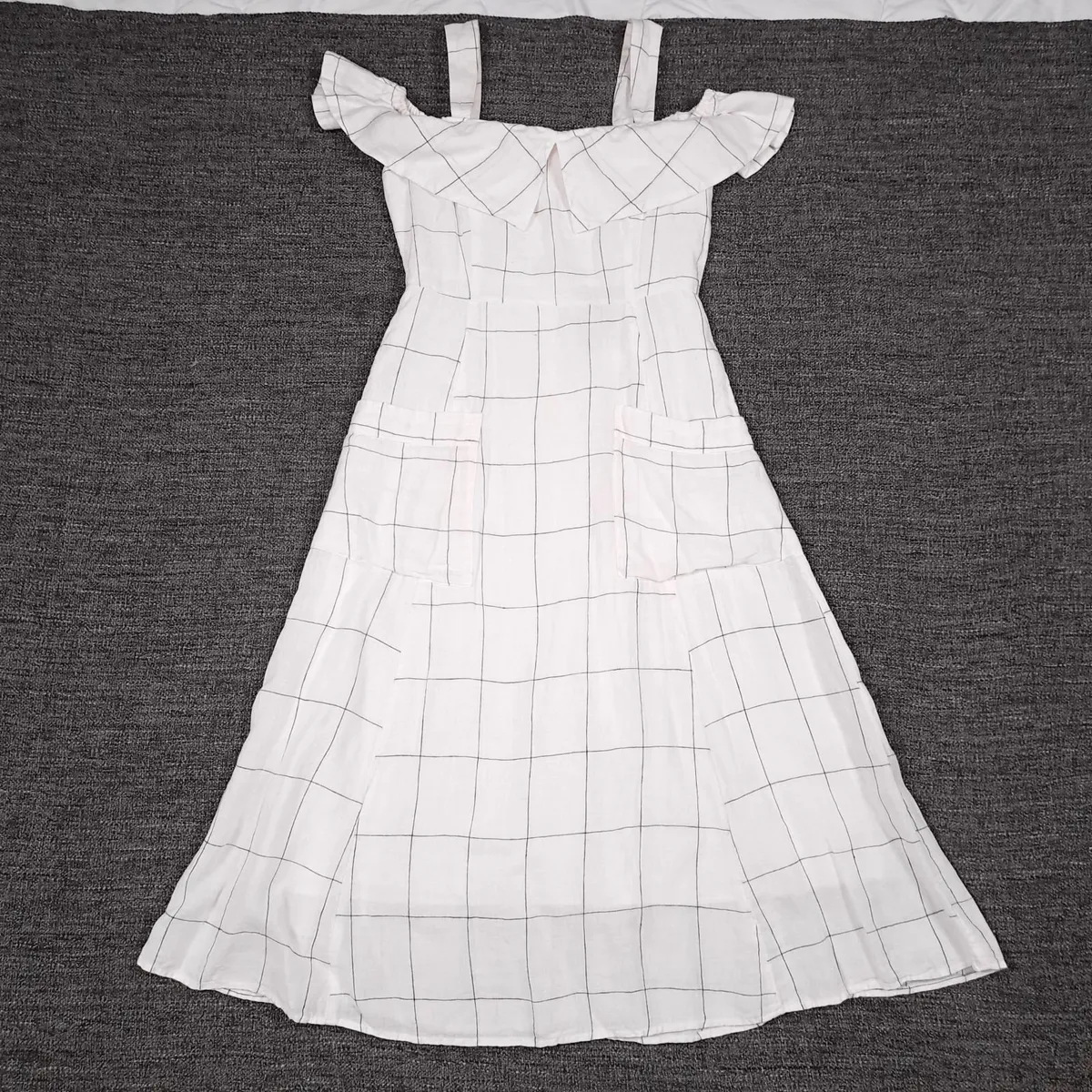 Mango White Black Grid Cold Shoulder Midi Dress XS - Image 1