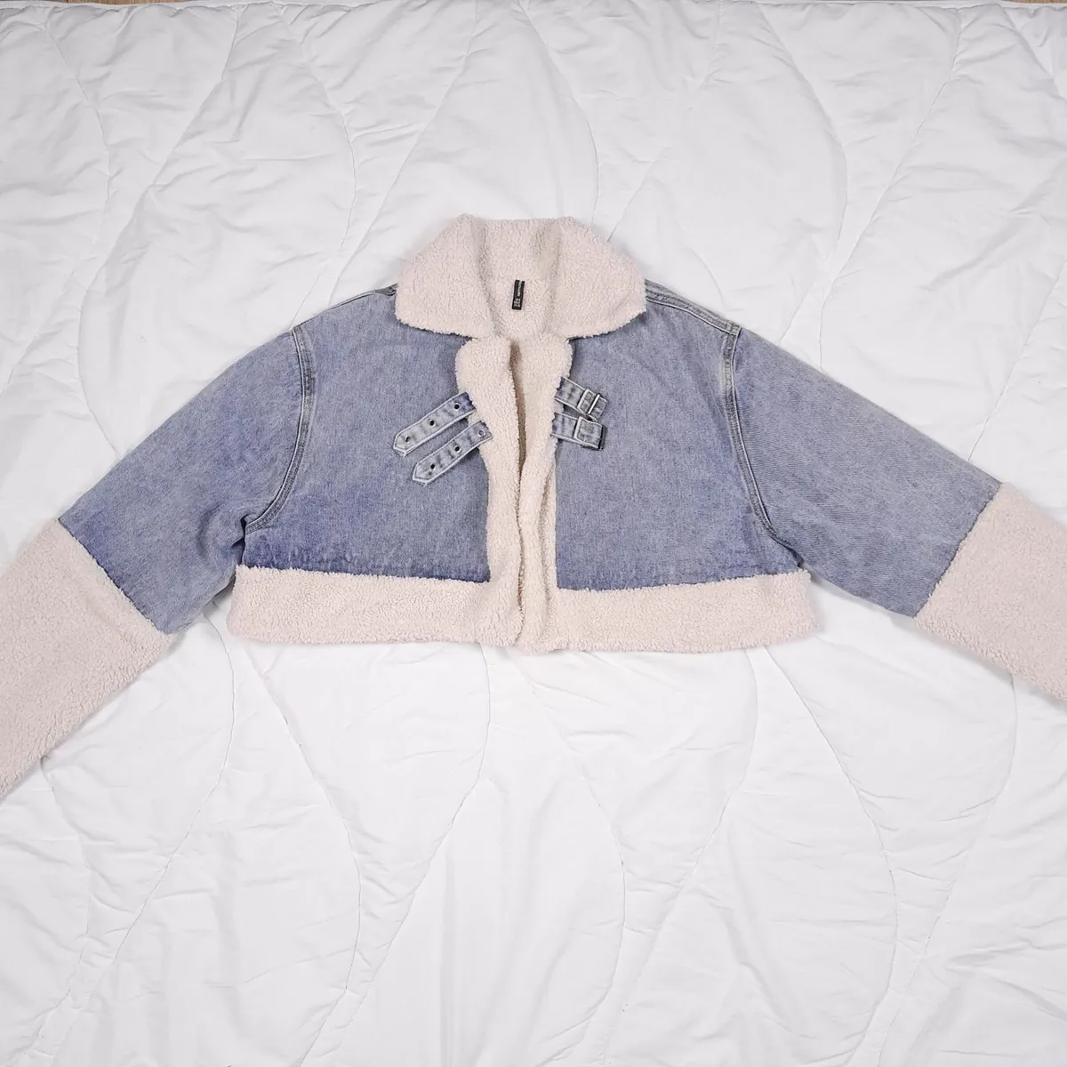 PLT Blue Denim Borg Aviator Cropped Jacket 8UK - Image 2