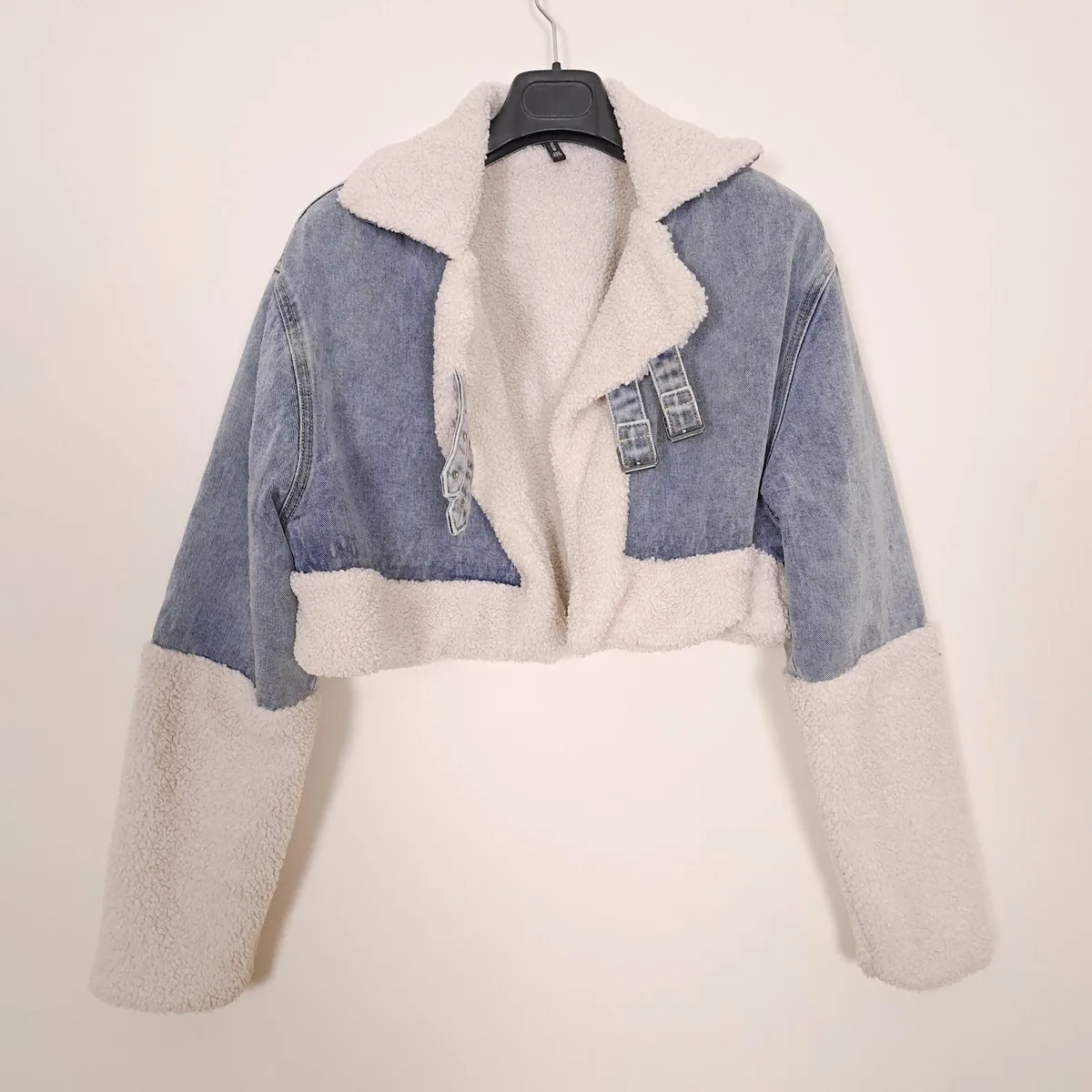 PLT Blue Denim Borg Aviator Cropped Jacket 8UK - Image 1