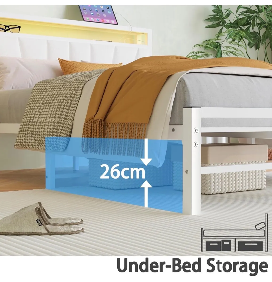 White Double Bed Frame with Storage and LED Lights - Image 2