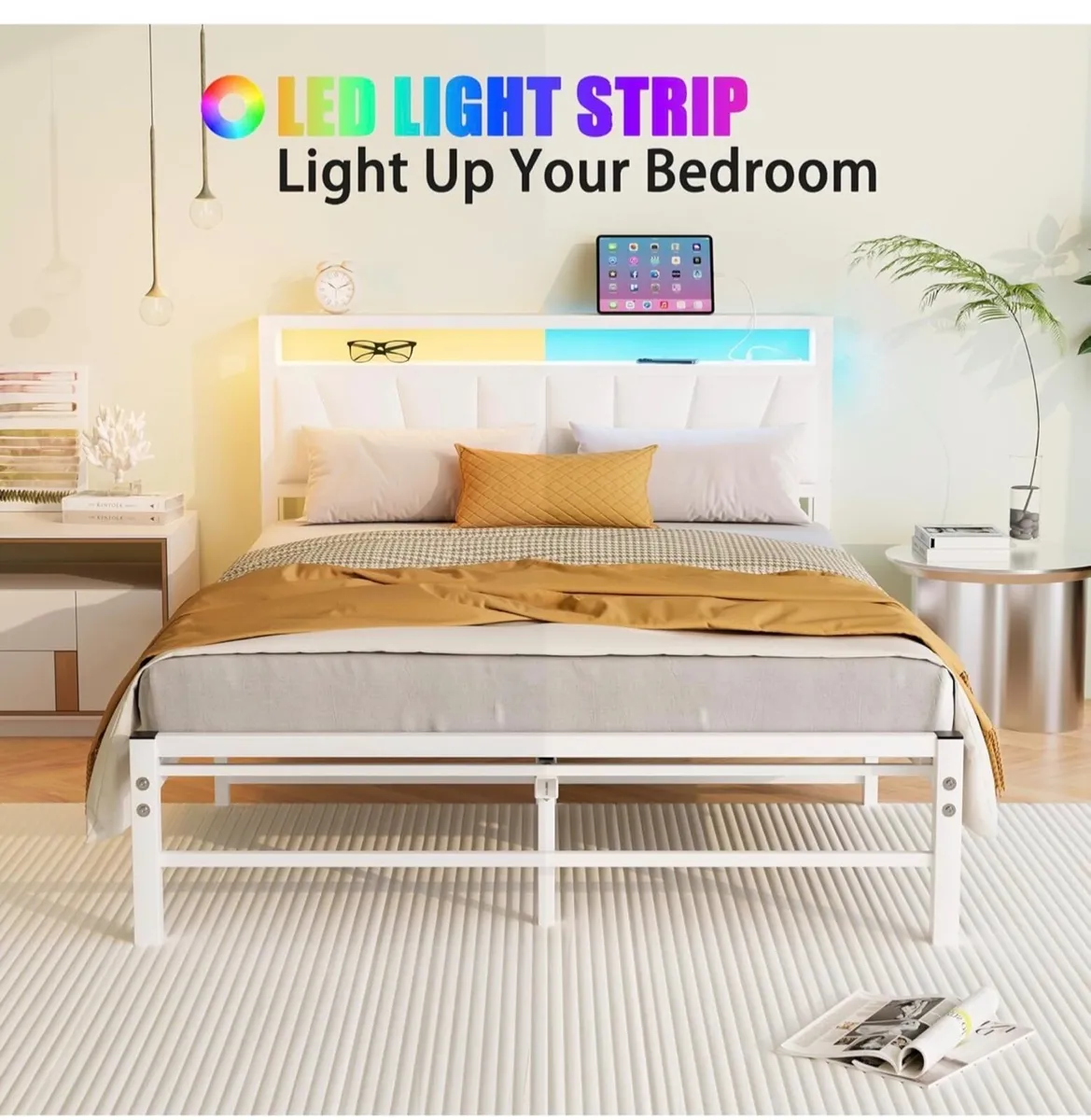 White Double Bed Frame with Storage and LED Lights - Image 3