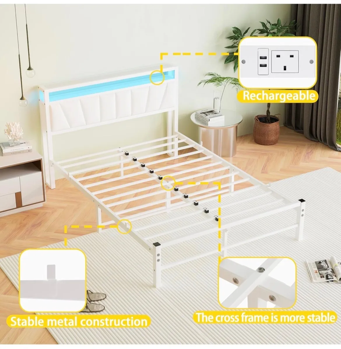 White Double Bed Frame with Storage and LED Lights - Image 4