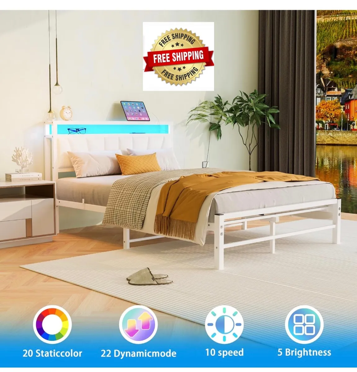 White Double Bed Frame with Storage and LED Lights - Image 1