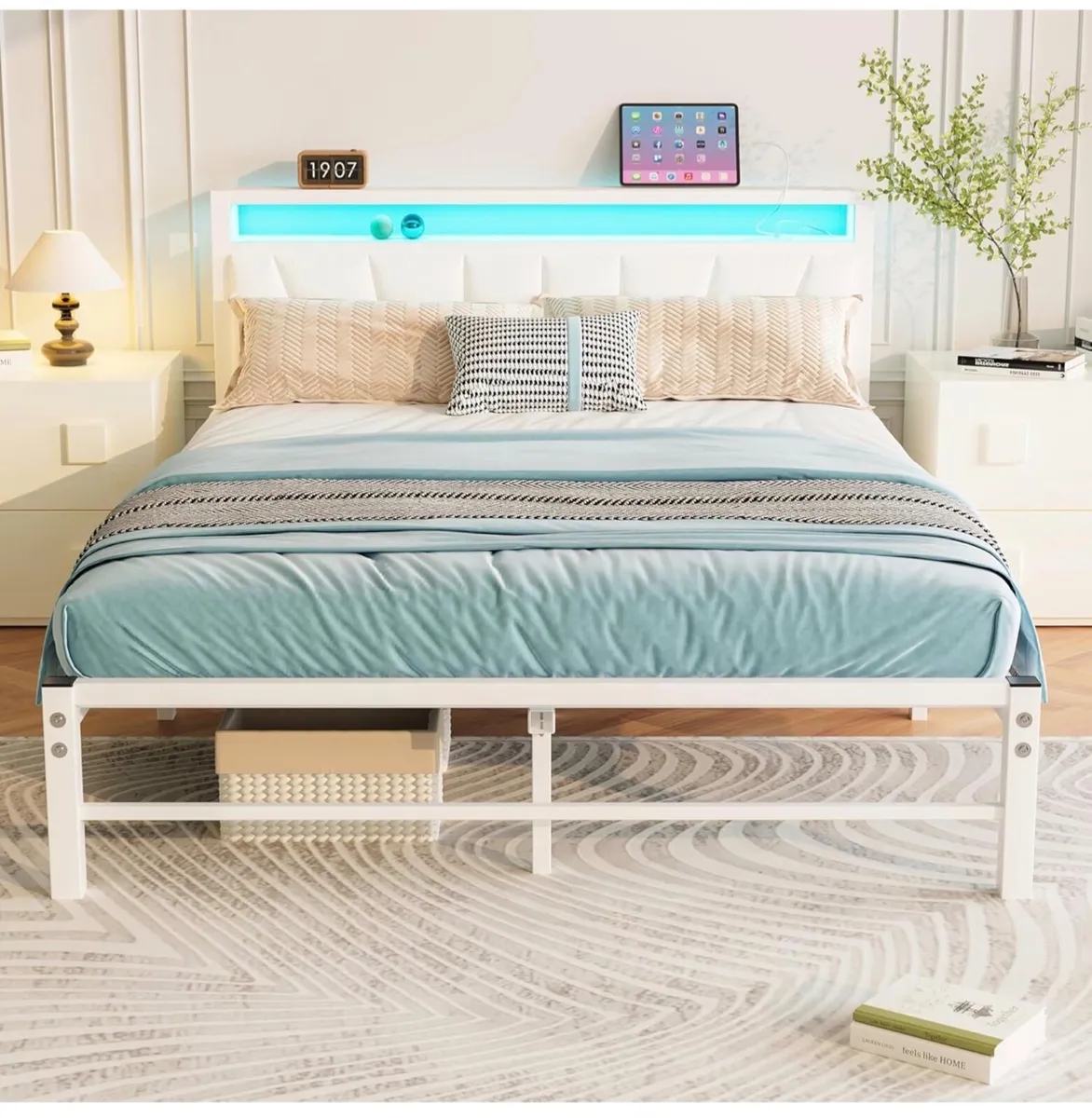 White Double Bed Frame with Storage and LED Lights - Image 1