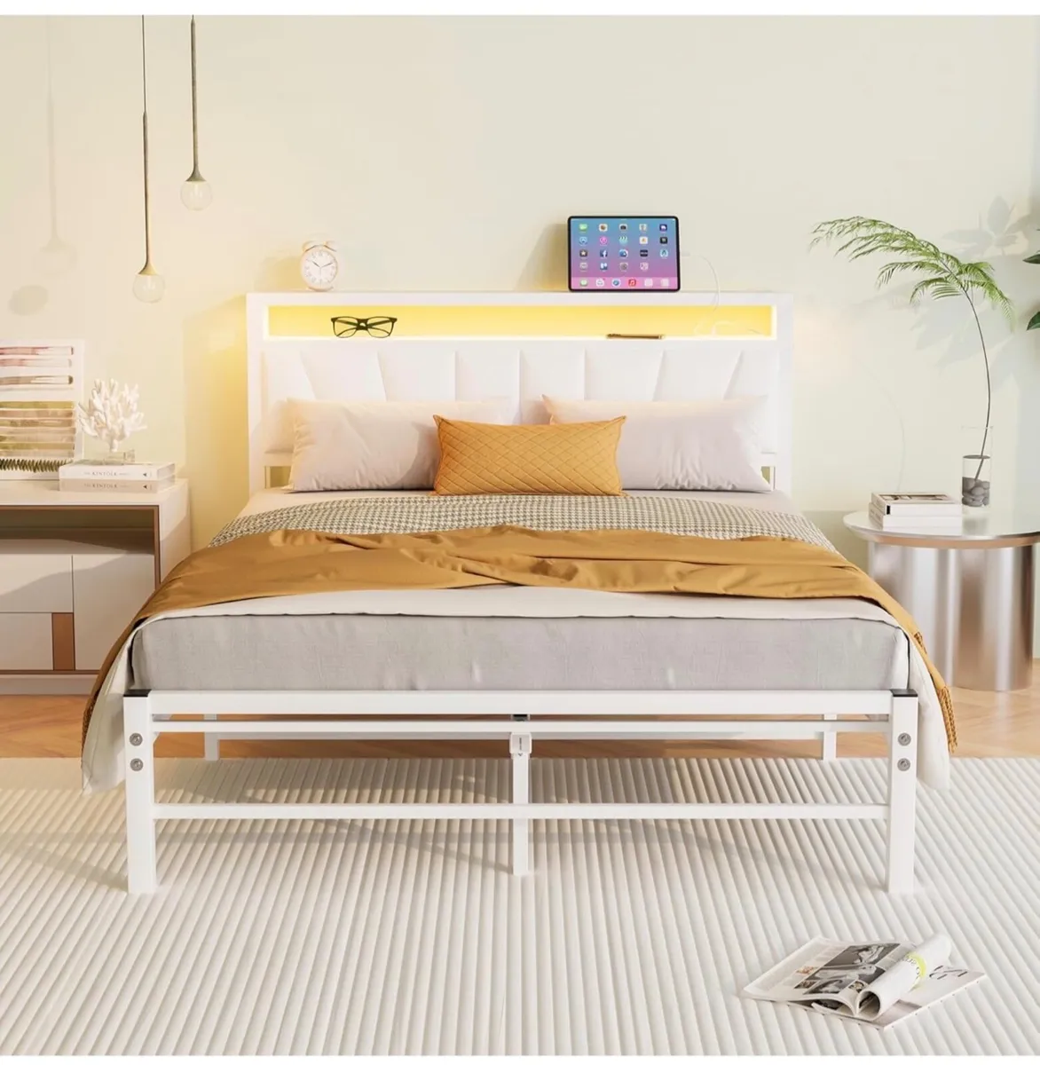 White Double Bed Frame with Storage and LED Lights - Image 2