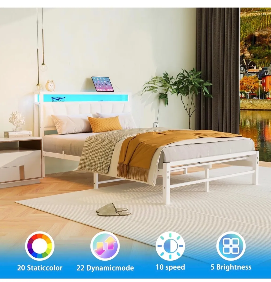 White Double Bed Frame with Storage and LED Lights - Image 3