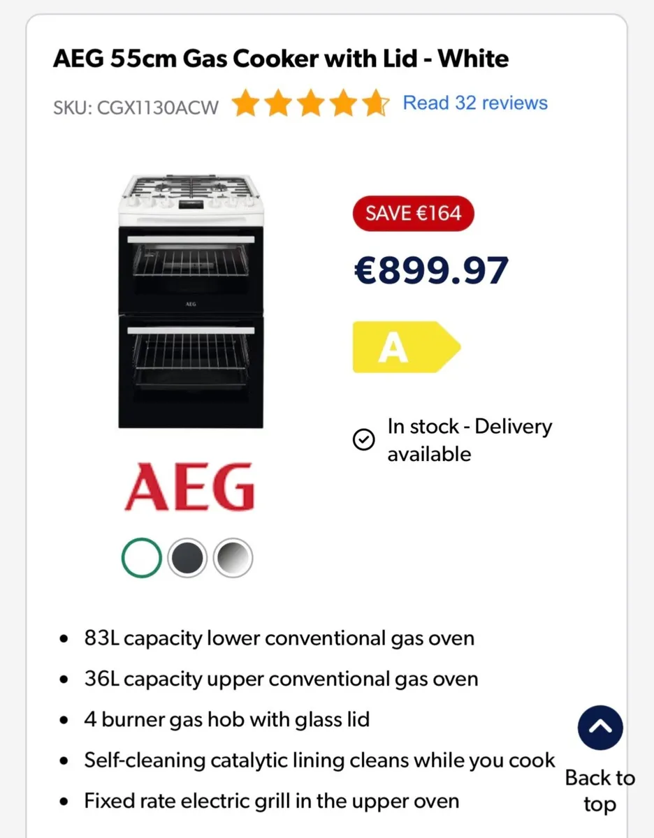 AEG 55cm Gas Cooker with Lid - White - Image 1