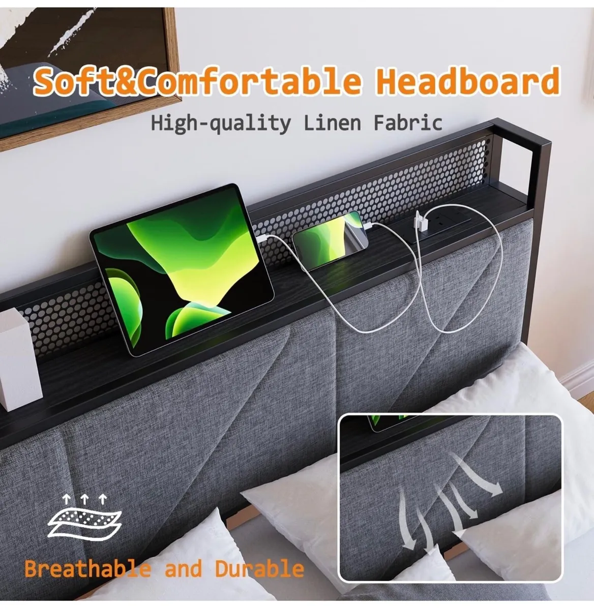 Floating Double Metal Bed Frame with LED Lights & - Image 4