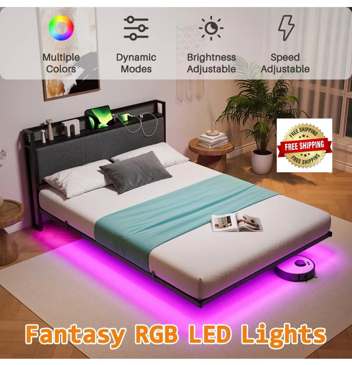 Floating Double Metal Bed Frame with LED Lights & - Image 1