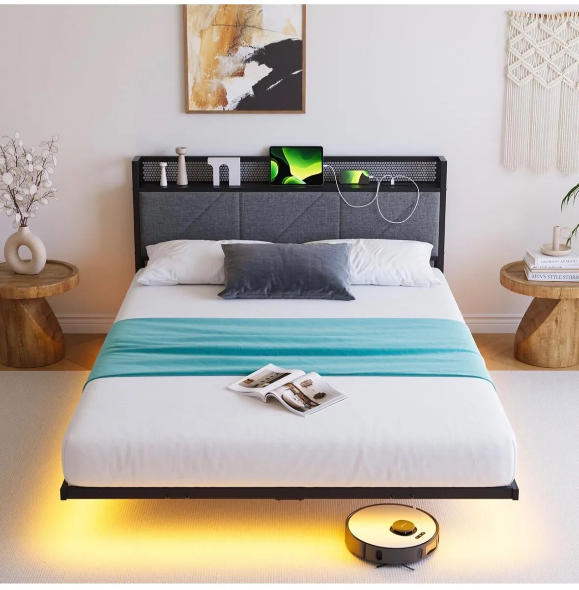 Floating Double Metal Bed Frame with LED Lights & - Image 1