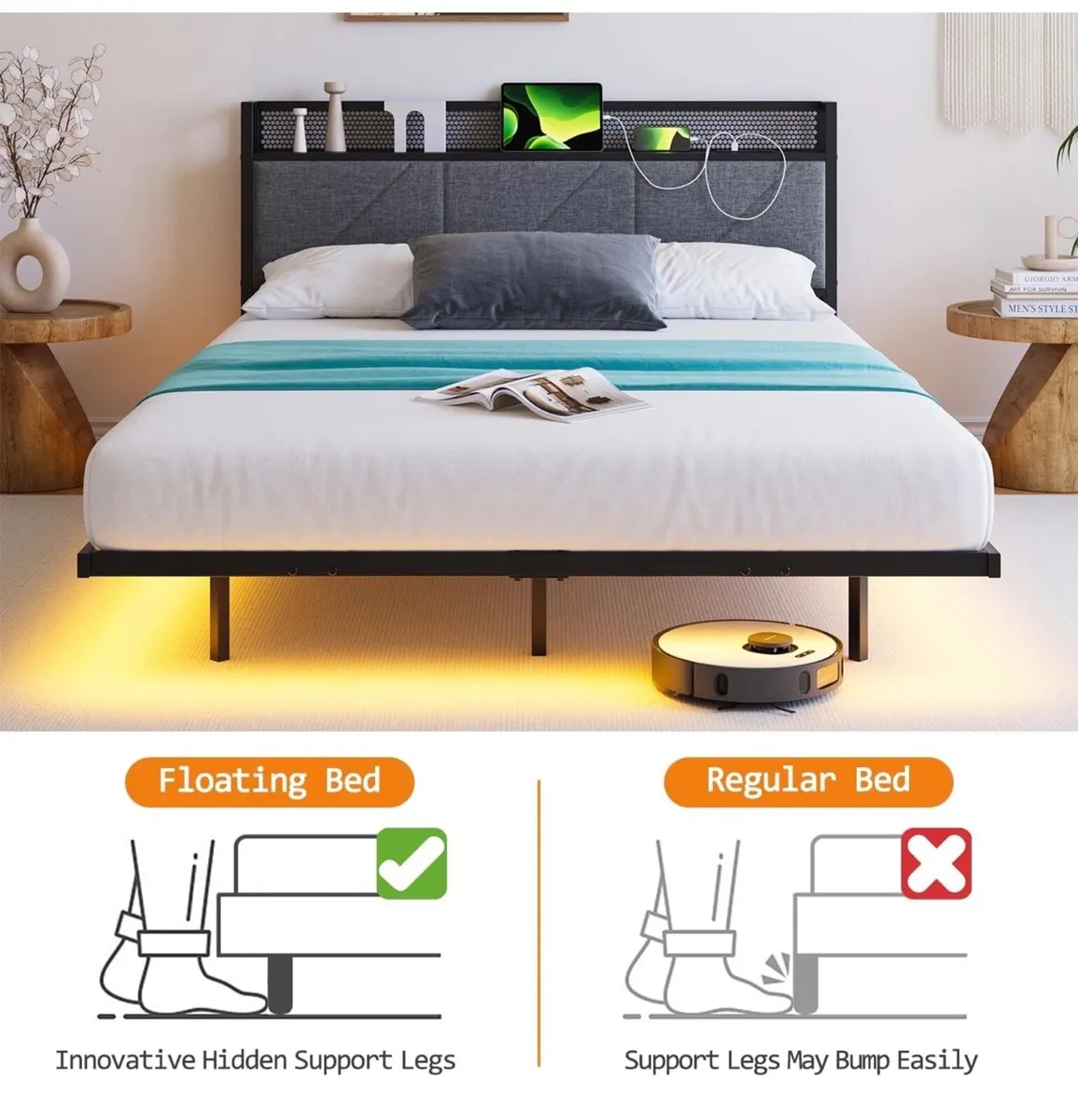 Floating Double Metal Bed Frame with LED Lights & - Image 4