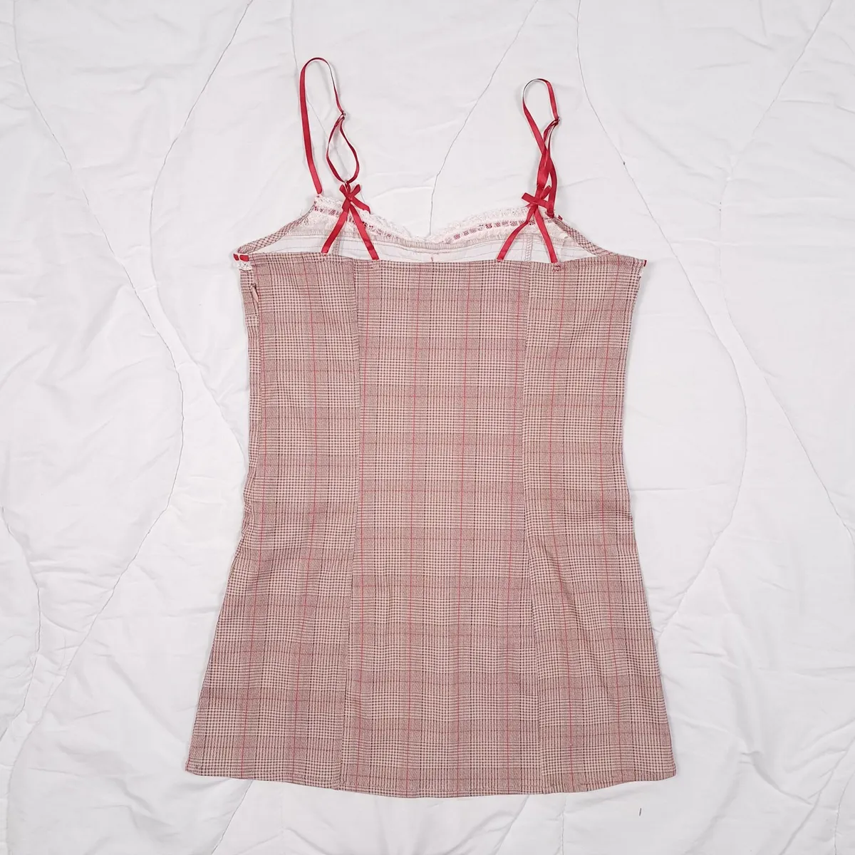Urban Outfitters Beige Plaid Lace Mini Dress M - Image 4