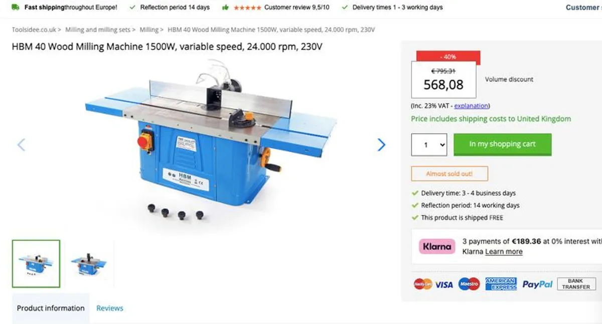 HBM 40 Wood Milling Machine 1500W, variable speed, 24.000 rpm, 230V - Image 1