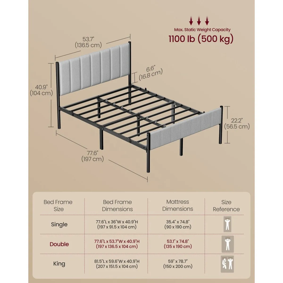 Double Metal Bed Grey (197 x 136.5 x 104 cm) - Image 2