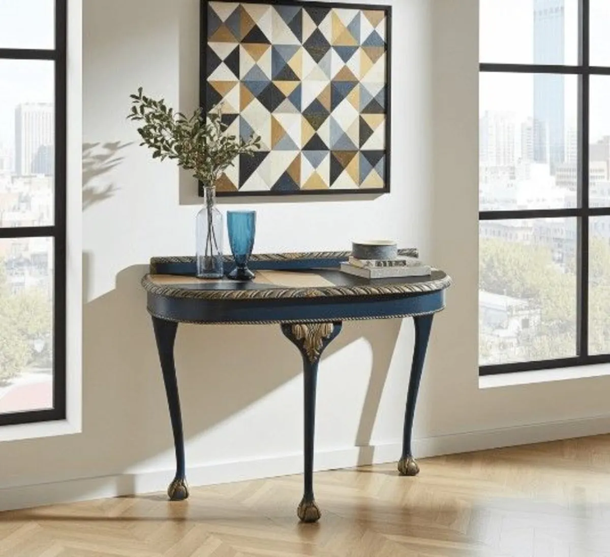 Regal Blue Console Table Hand-Painted Canvas Top - Image 1