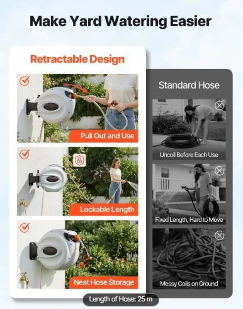 Retractable Hose Reel Water Hose Reel 25m x 1.3cm - Image 1