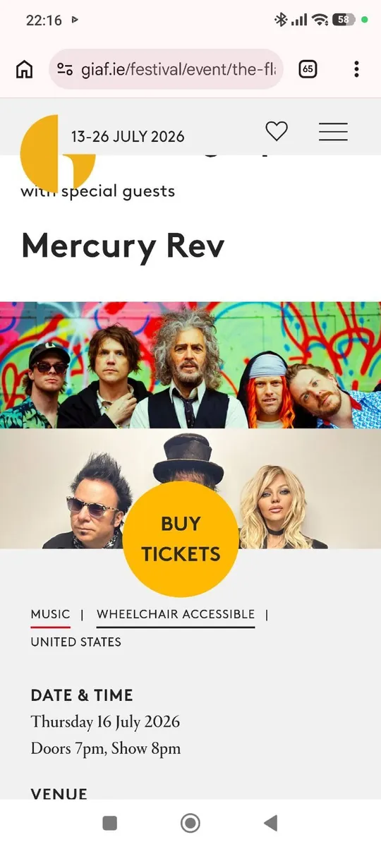 2 Tickets Flaming Lips and Mercury Rev  Galway