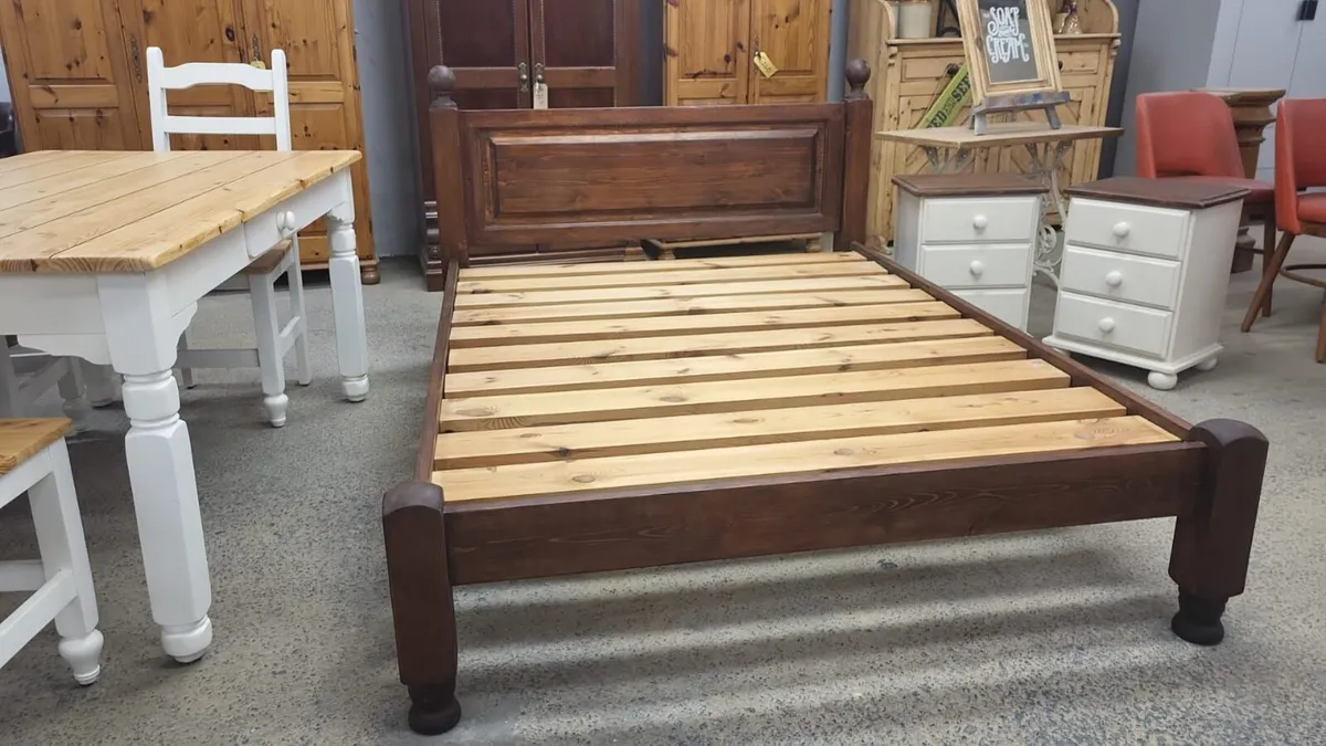 Pine double bed, matching pair bedside lockers - Image 3