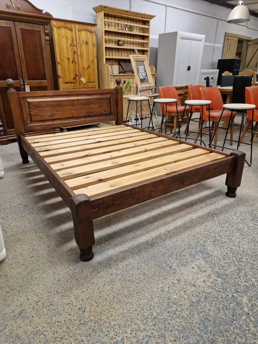 Pine double bed, matching pair bedside lockers - Image 1