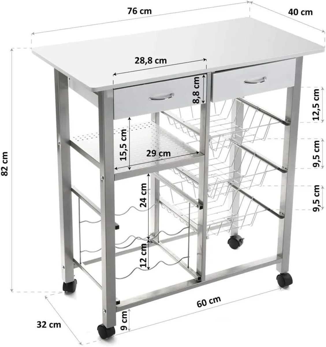 Kitchen Trolley with Wheels Drawers and Bottle - Image 3