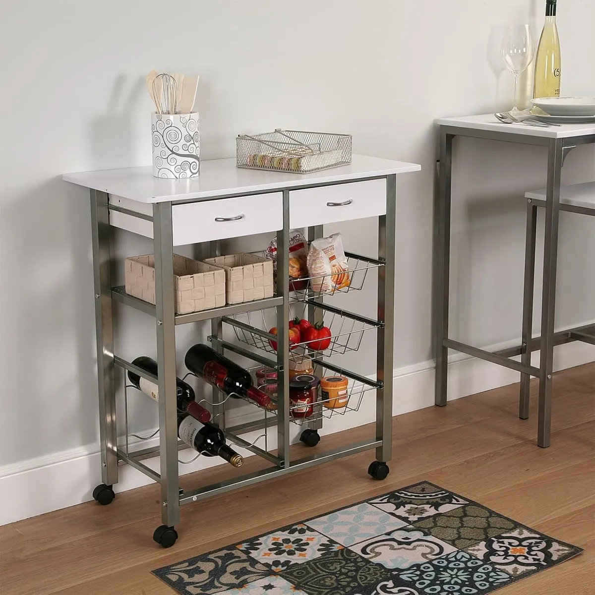 Kitchen Trolley with Wheels Drawers and Bottle - Image 2